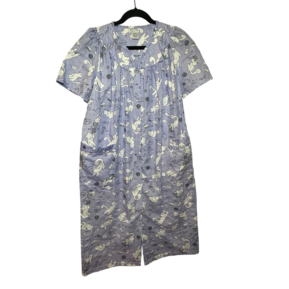 Elegant Emily‎ Women's Lavender Cat Print Housecoat Pajama Dress SZ M Button Up